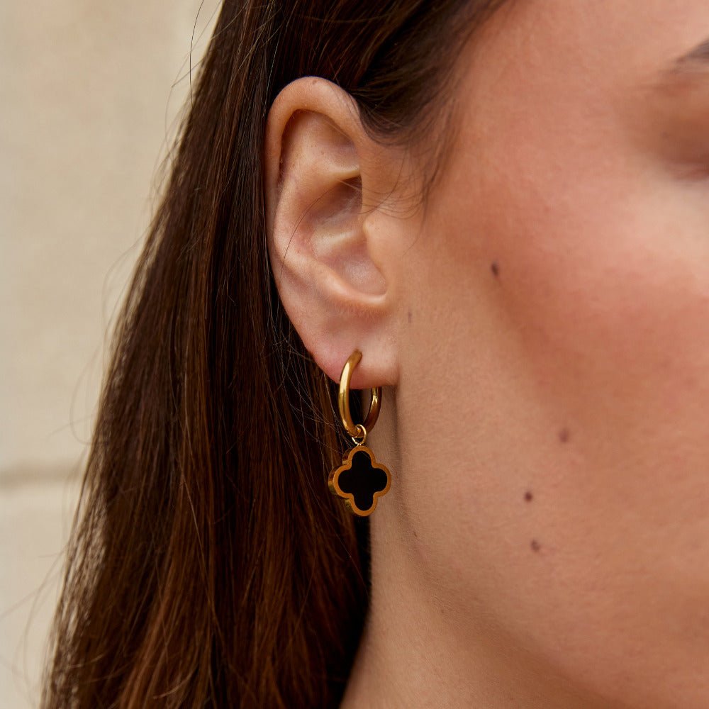 Little Black Clover Charm Slim Hoop Earrings
