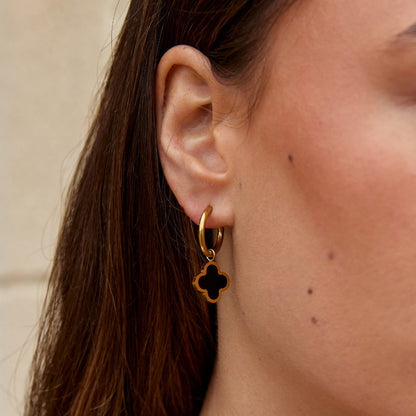 Little Black Clover Charm Slim Hoop Earrings