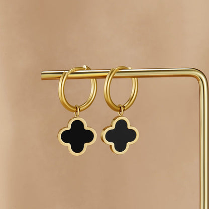 Little Black Clover Charm Slim Hoop Earrings