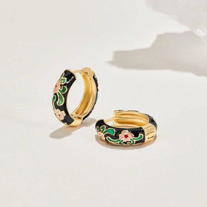Gold-Tone Hoop Earrings with Black Flowers