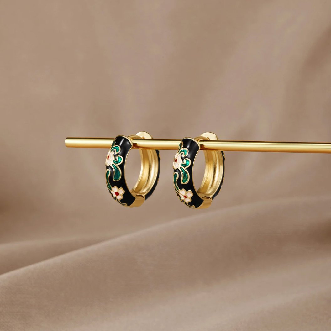 Gold-Tone Hoop Earrings with Black Flowers