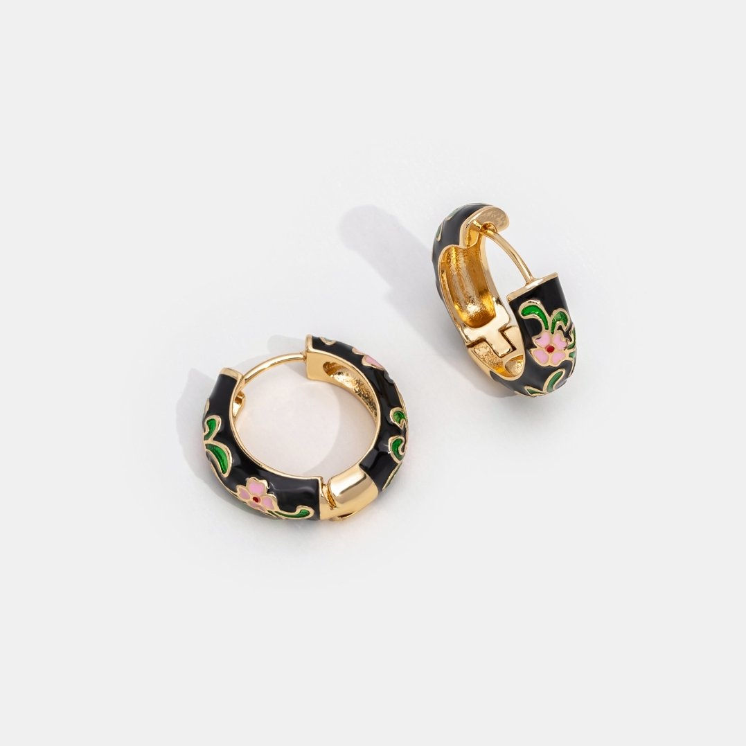 Gold-Tone Hoop Earrings with Black Flowers