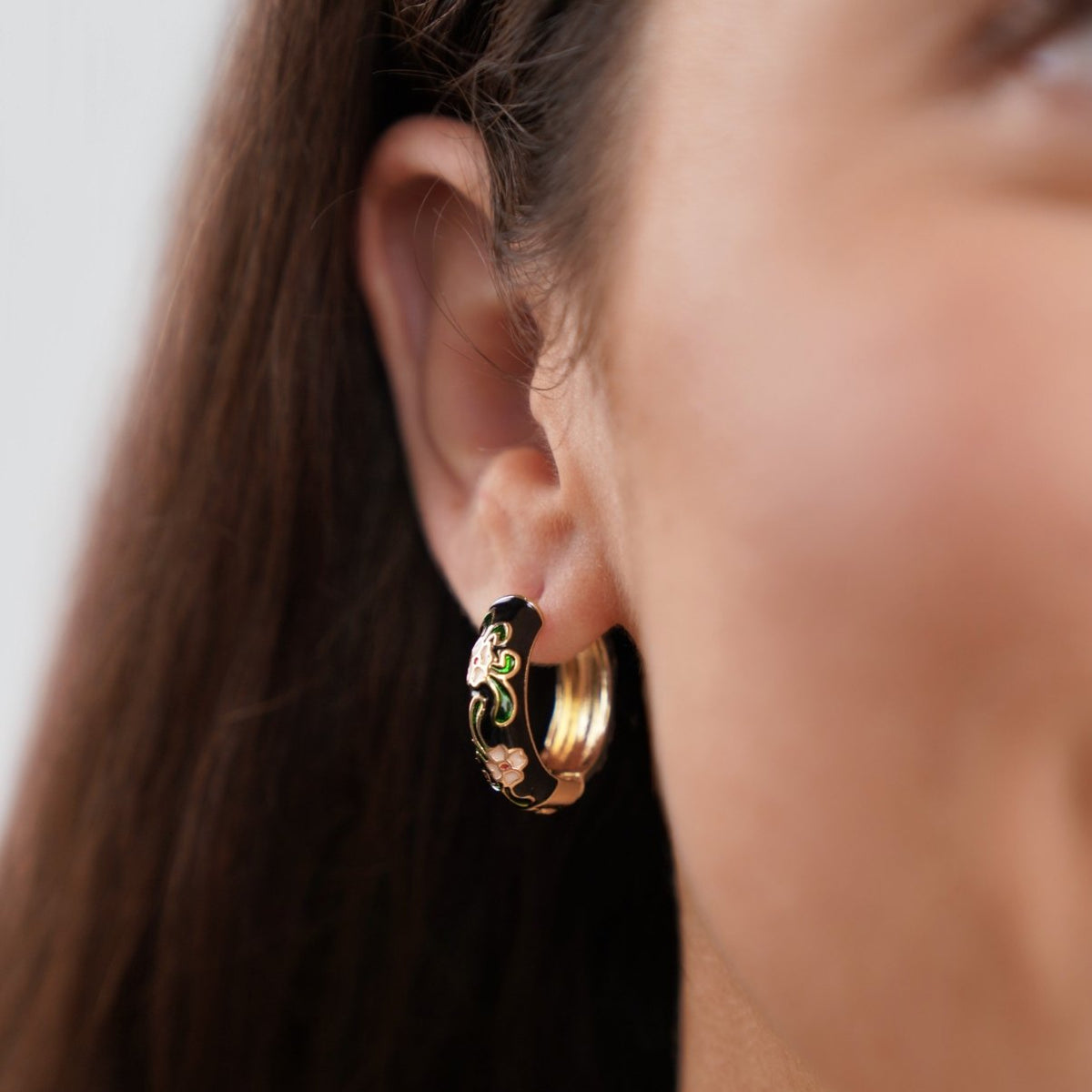 Gold-Tone Hoop Earrings with Black Flowers