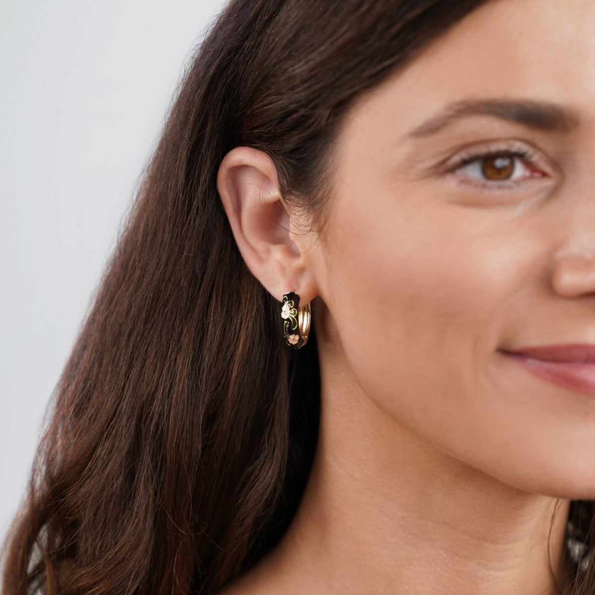 Gold-Tone Hoop Earrings with Black Flowers