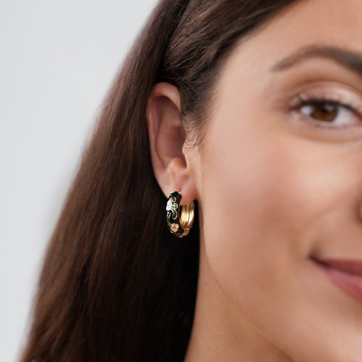 Gold-Tone Hoop Earrings with Black Flowers