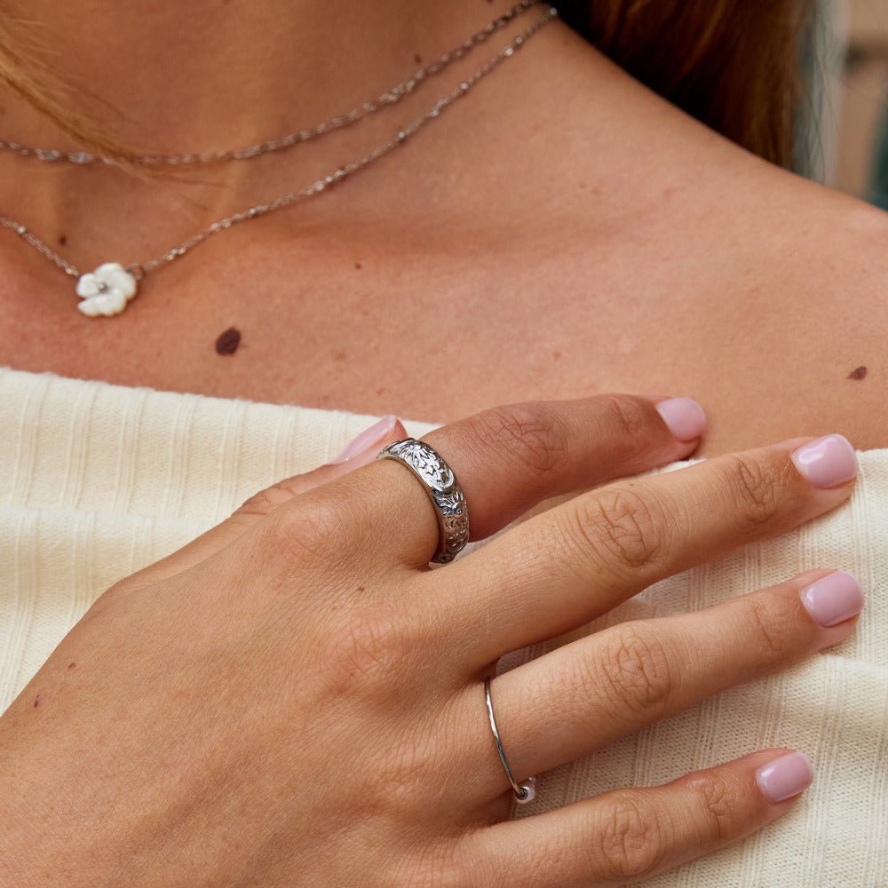 Little Star and Moon Silver-Tone Band Ring