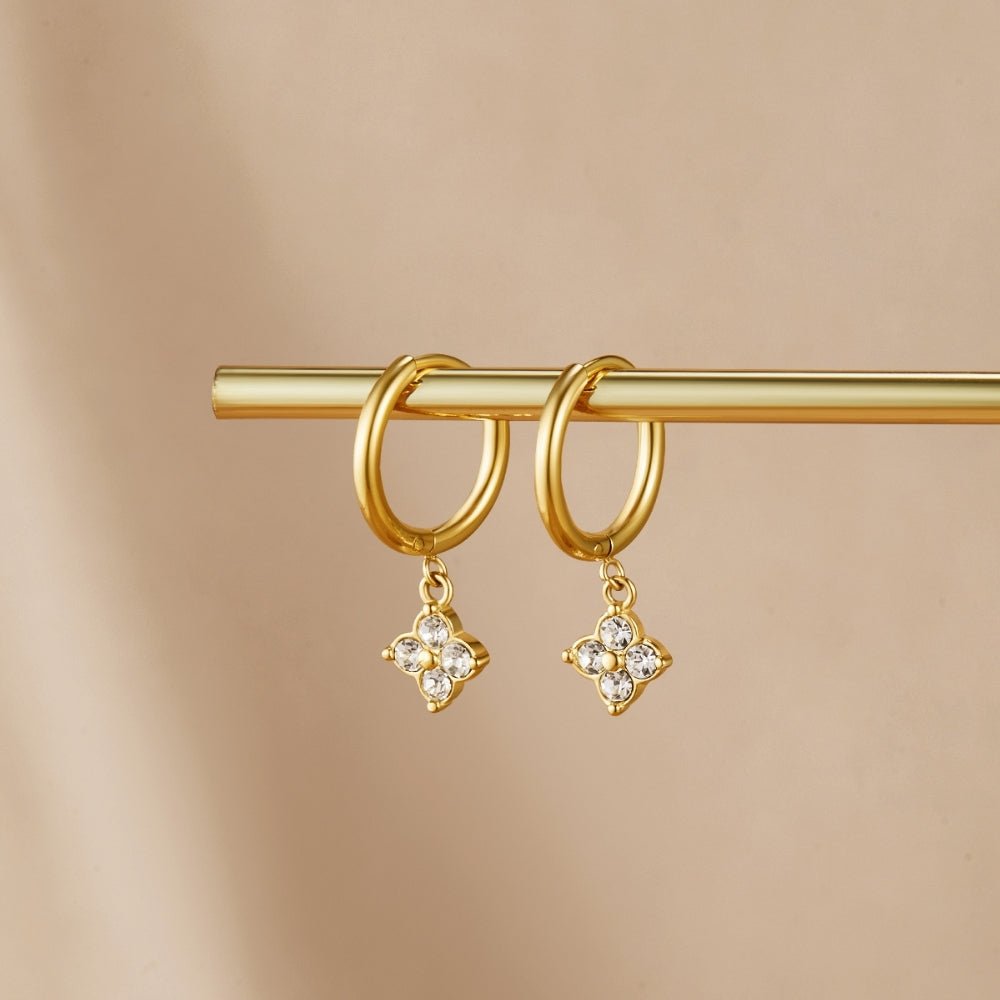 Four Leaf Clover Drop Earrings Set with Crystal