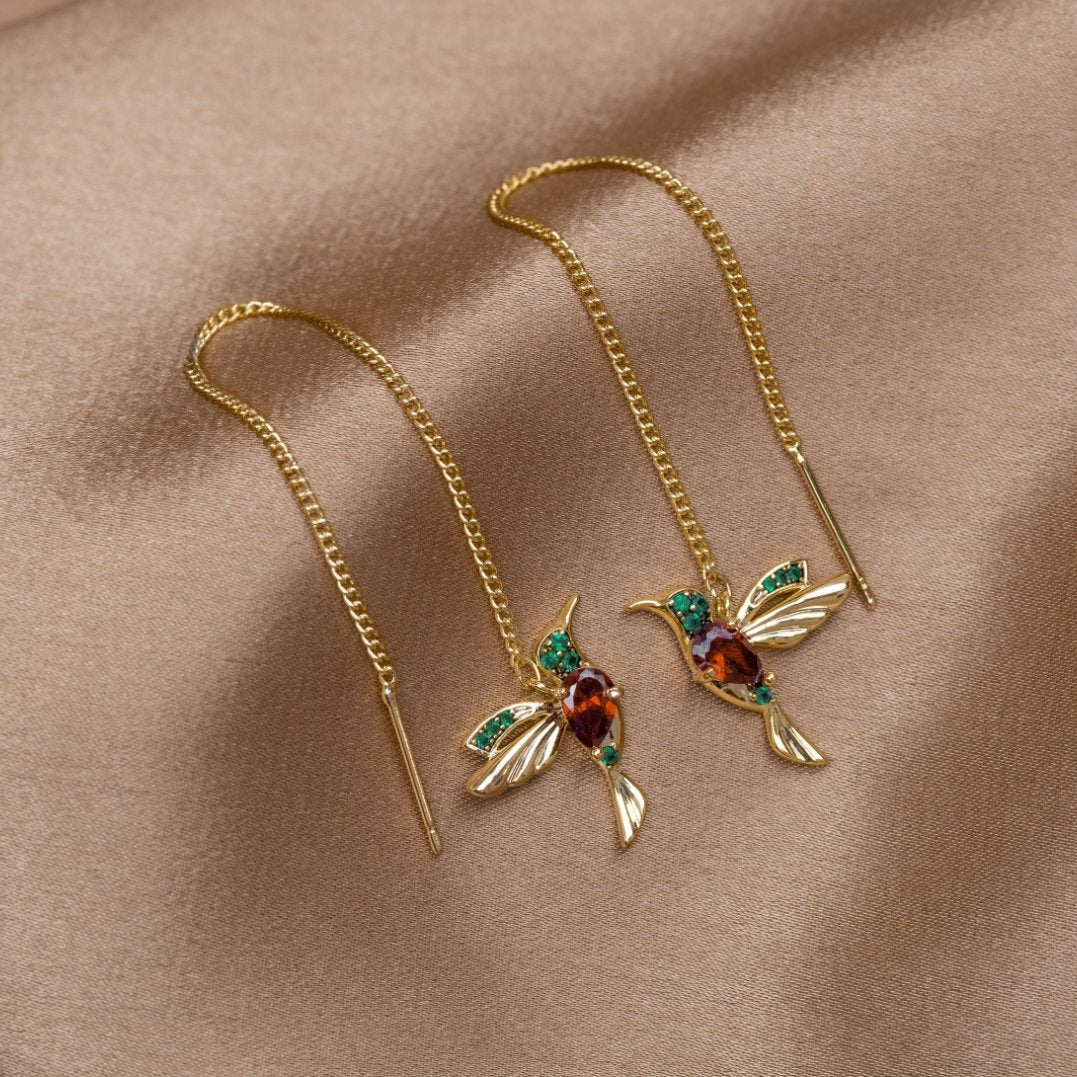 Hummingbird Tassel Earrings Set with Crystal