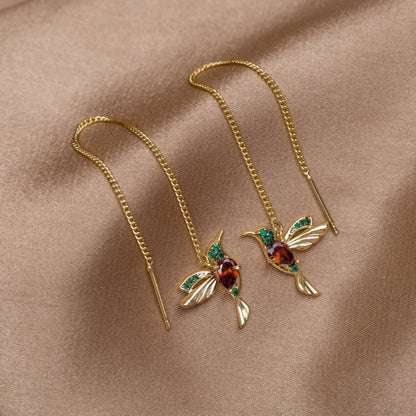 Hummingbird Tassel Earrings Set with Crystal