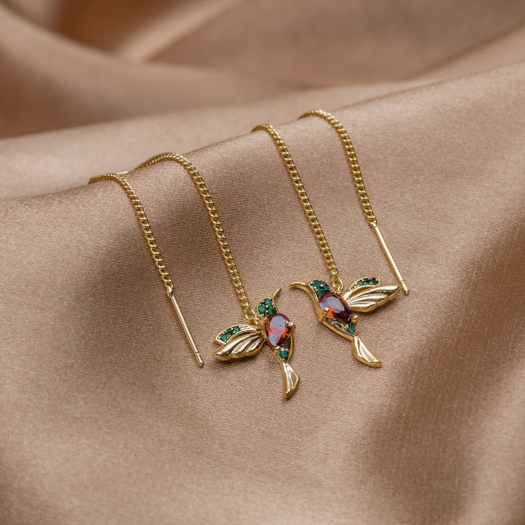 Hummingbird Tassel Earrings Set with Crystal