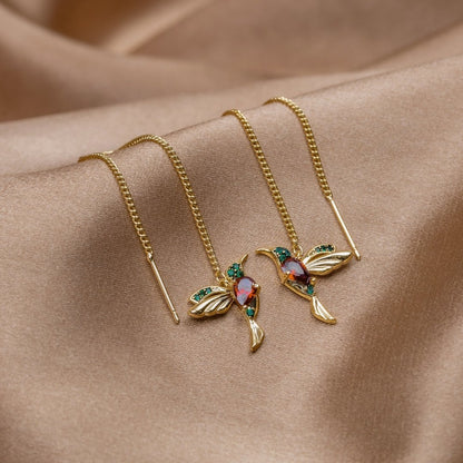 Hummingbird Tassel Earrings Set with Crystal