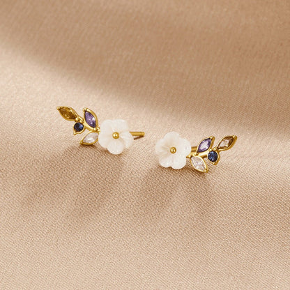 White Blossom Earrings Set with Fine Crystal