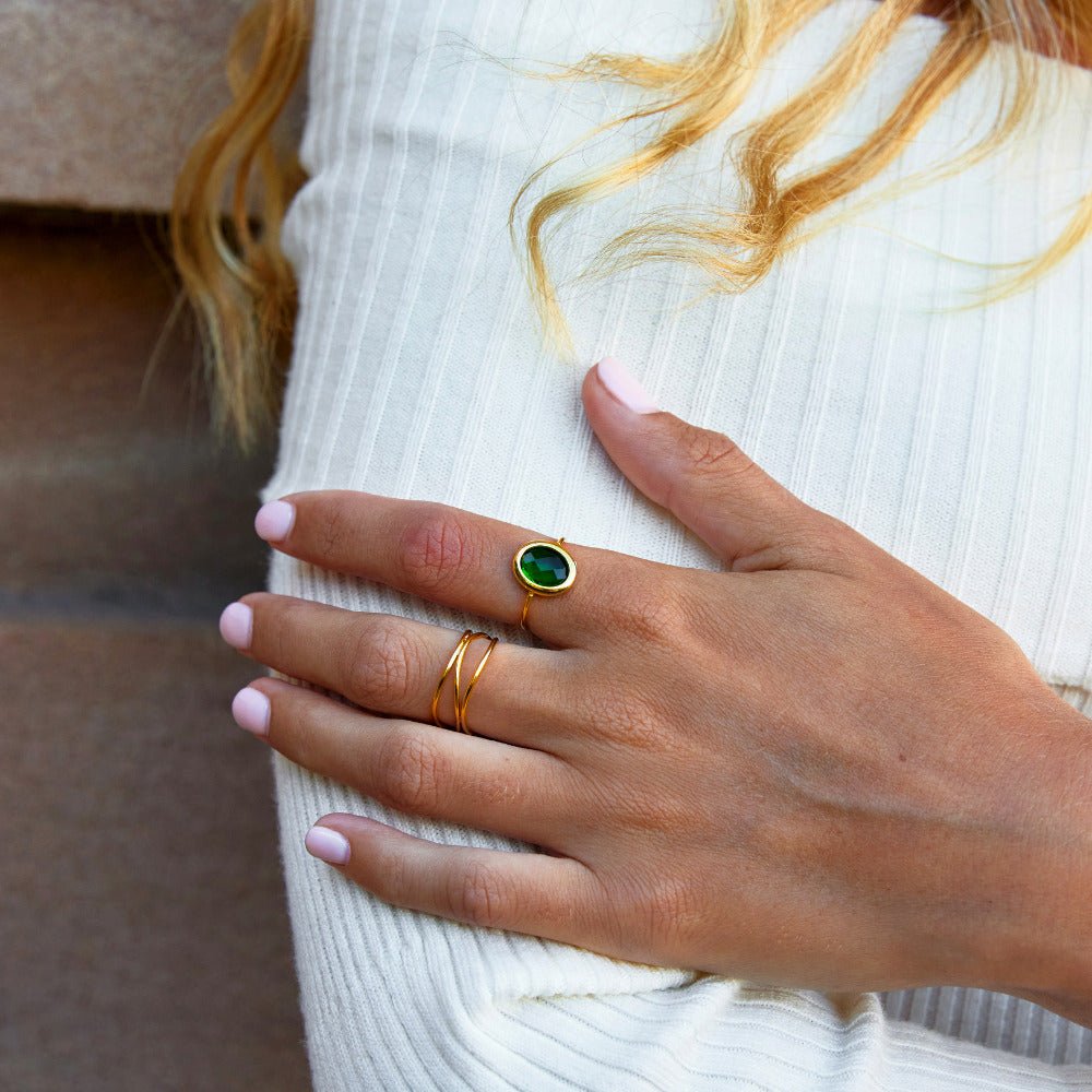 Gold-Tone Ring with an Emerald Green Crystal