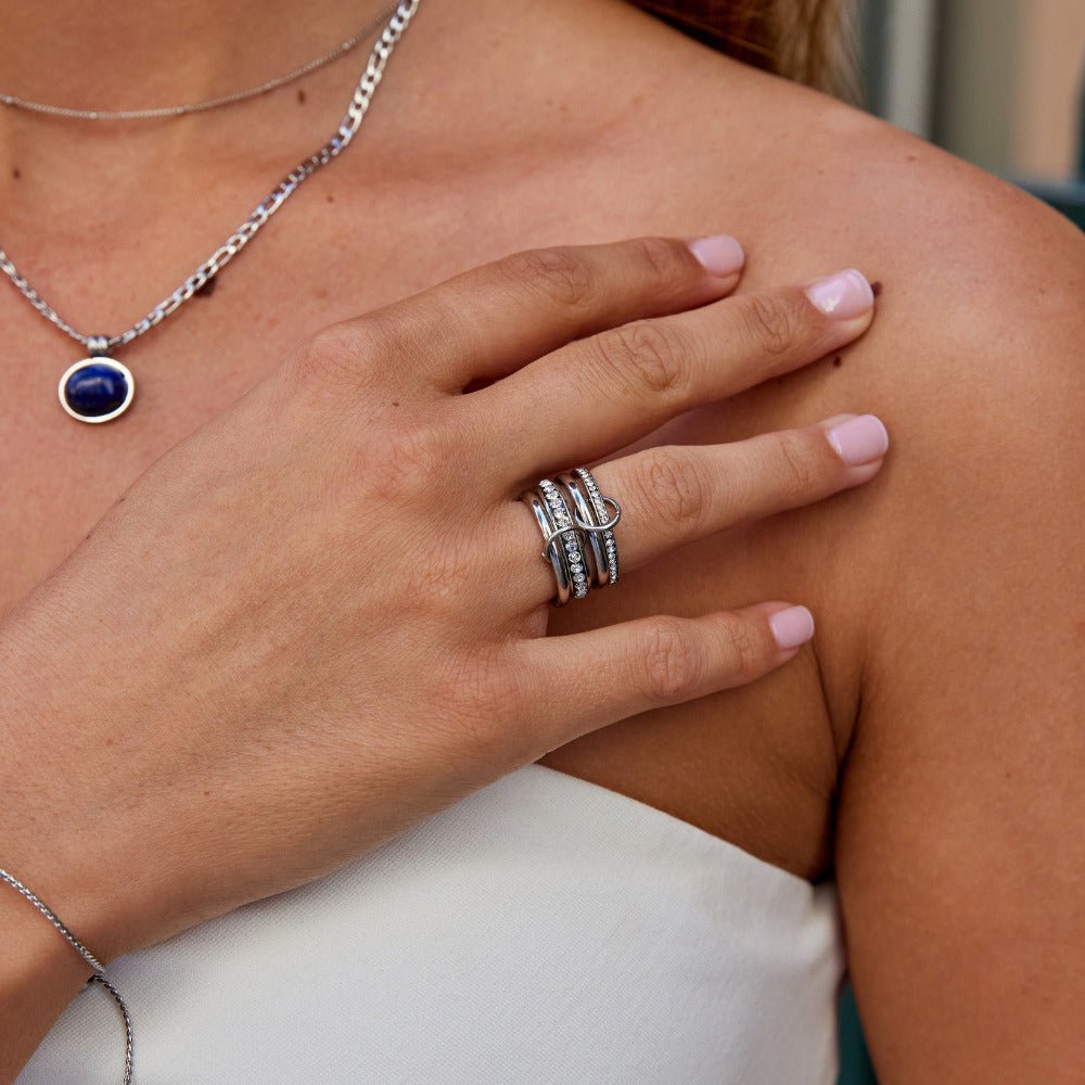 Linked Chain Silver-Tone Crystal Band Ring