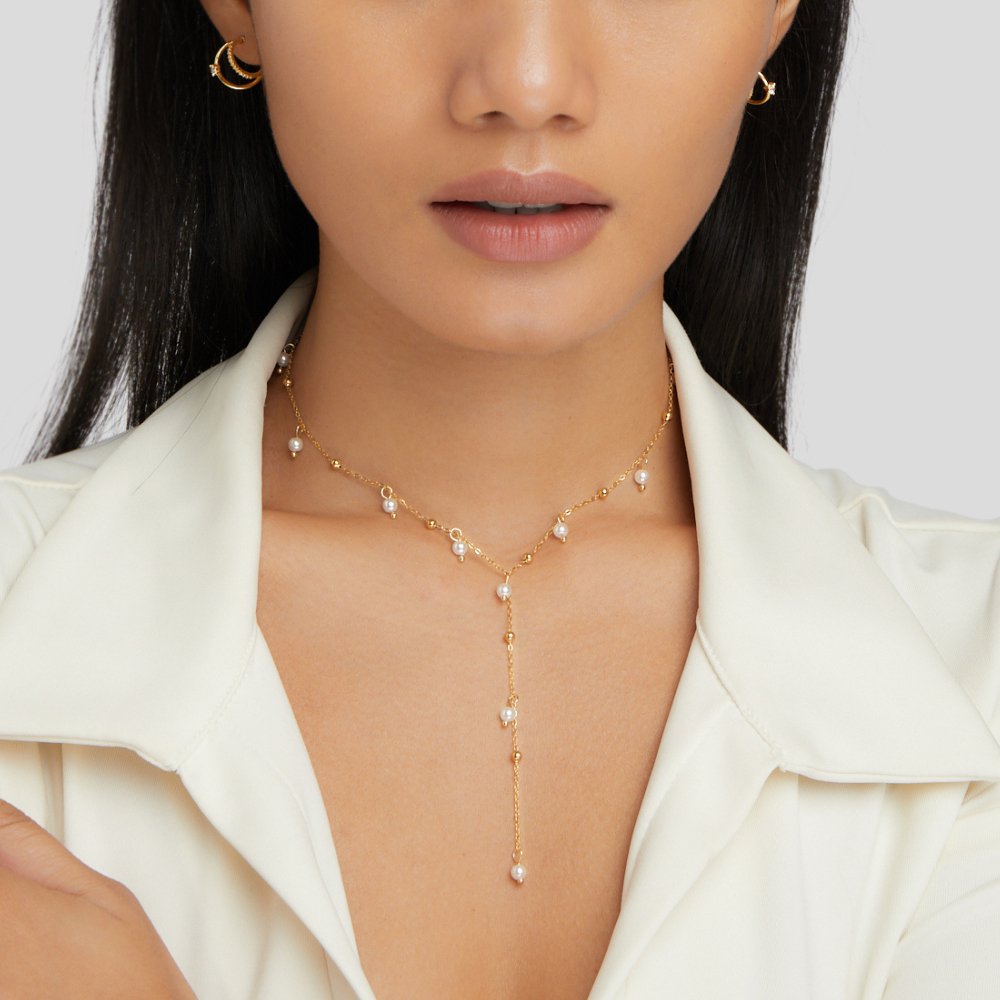 Fine Chain Lariat Necklace with Pearl Drop