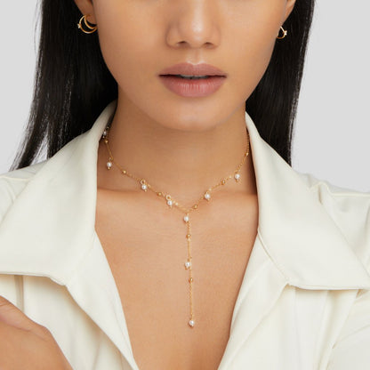 Fine Chain Lariat Necklace with Pearl Drop