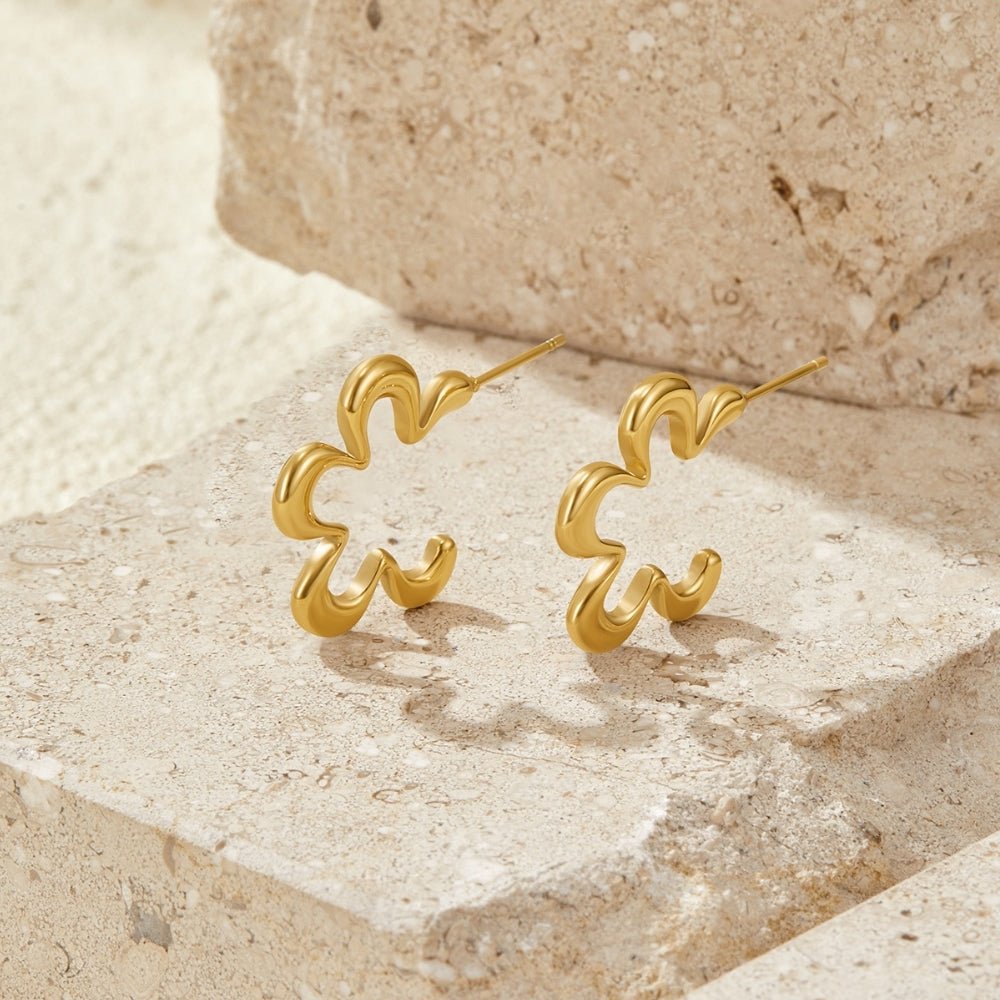 Angled Line Flower Gold-Tone Hoop Earrings