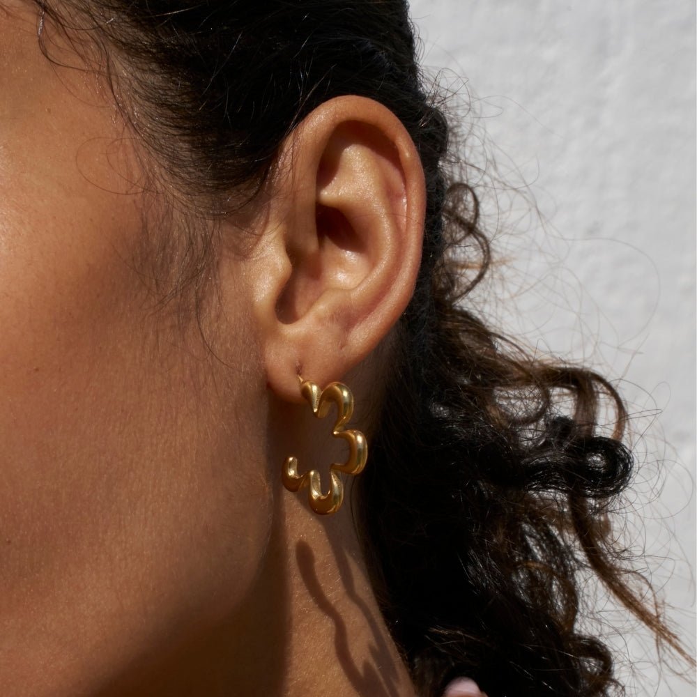 Angled Line Flower Gold-Tone Hoop Earrings