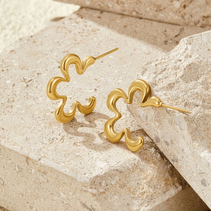 Angled Line Flower Gold-Tone Hoop Earrings