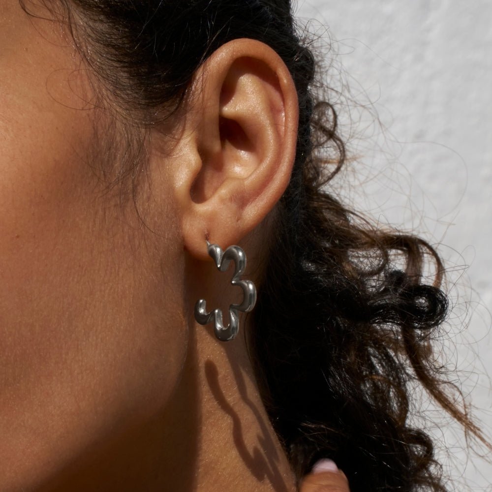 Geometric Flower Silver-Tone Hoop Earrings