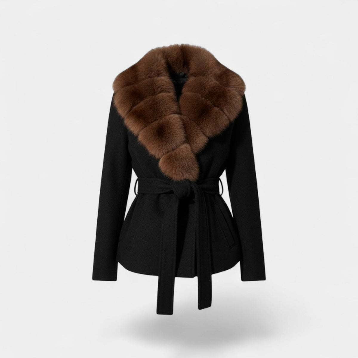 Women's Belted Winter Coat – Faux Fur Collar, Fitted Waist