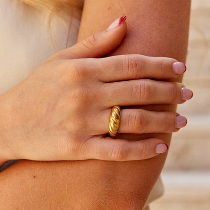 Ridged Dome Gold-Tone Textured Band Ring