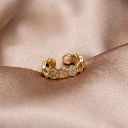 Honeycomb Pattern Gold-Tone Crystal Band Ring