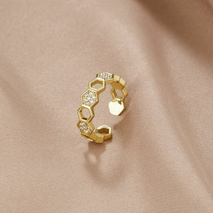 Honeycomb Pattern Gold-Tone Crystal Band Ring