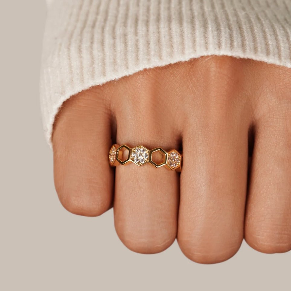 Honeycomb Pattern Gold-Tone Crystal Band Ring