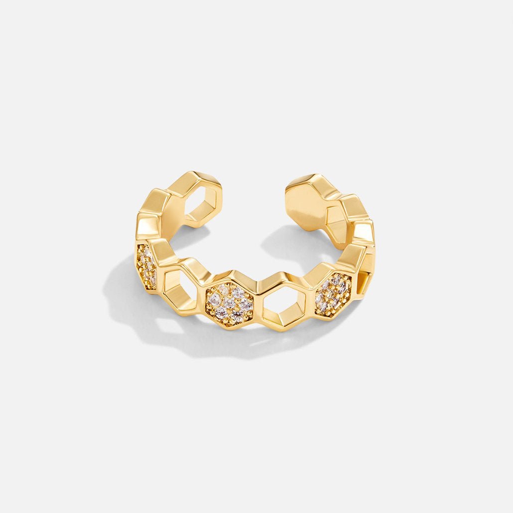 Honeycomb Pattern Gold-Tone Crystal Band Ring