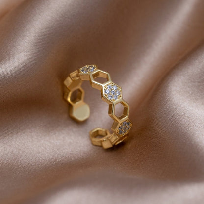 Honeycomb Pattern Gold-Tone Crystal Band Ring