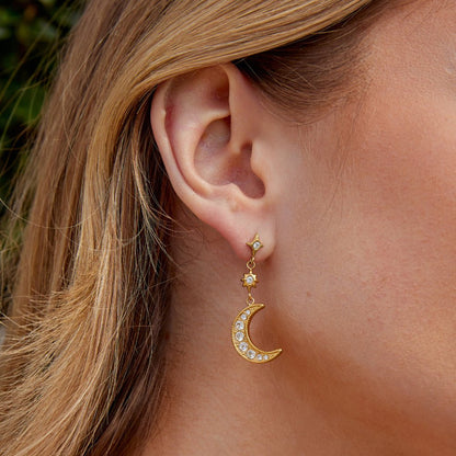 Moon and Star Earrings in Crystal and Gold-Tone