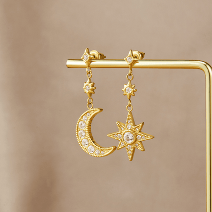 Moon and Star Earrings in Crystal and Gold-Tone
