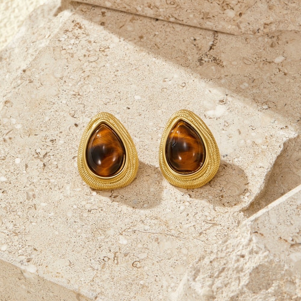 Amber Brown Teardrop Gold-Tone Drop Earrings