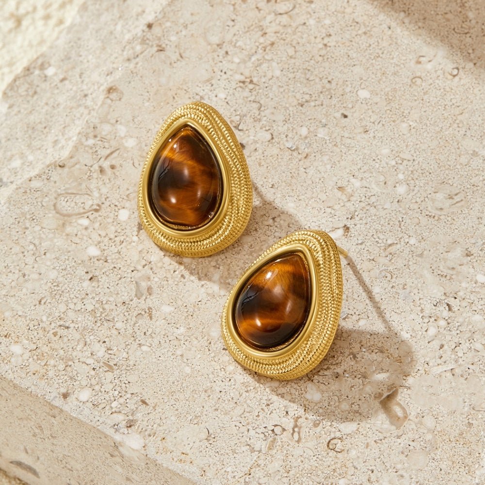 Amber Brown Teardrop Gold-Tone Drop Earrings