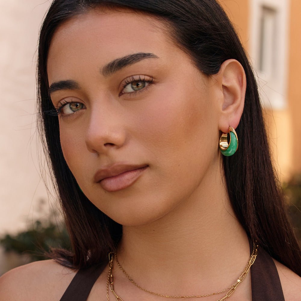 Deep Emerald Green Gold-Tone Hoop Earrings