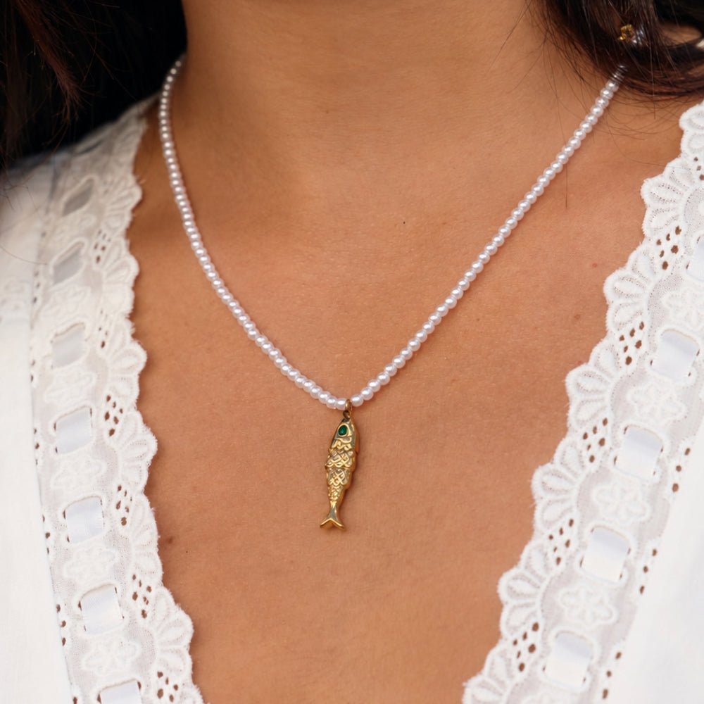 Little Fish Charm and Pearl Gold-Tone Necklace