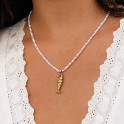 Little Fish Charm and Pearl Gold-Tone Necklace