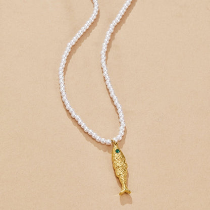 Little Fish Charm and Pearl Gold-Tone Necklace