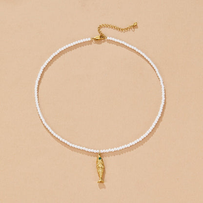 Little Fish Charm and Pearl Gold-Tone Necklace