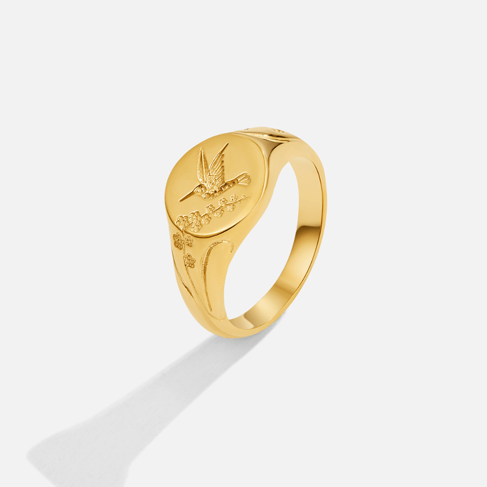 Hummingbird Gold-Tone Flat Face Signet Ring