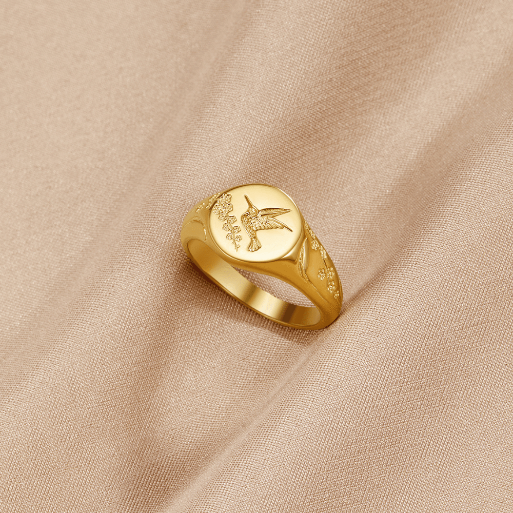 Hummingbird Gold-Tone Flat Face Signet Ring
