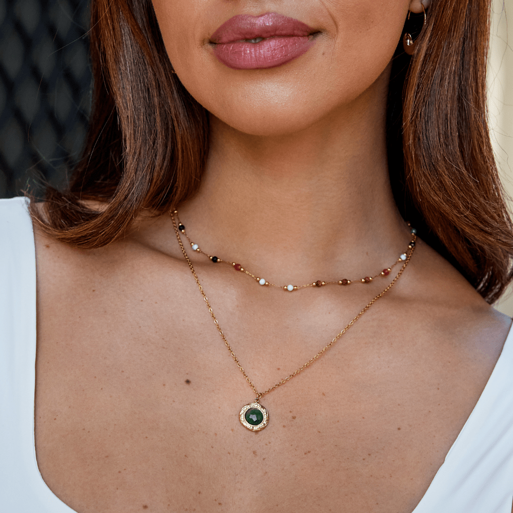 Soft Green Stone-Look Coin Pendant Necklace