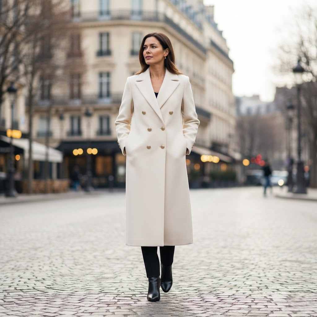 Women's Long Tweed Coat – Double Breasted with Buckle