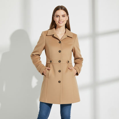 Women's Wool Blend Winter Coat – Mid Length Lapel Collar