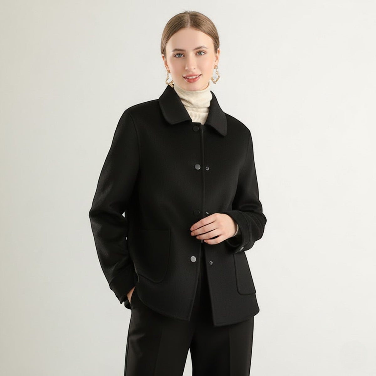 Women's Wool Winter Coat – Wide Polo Collar, Fitted Cut