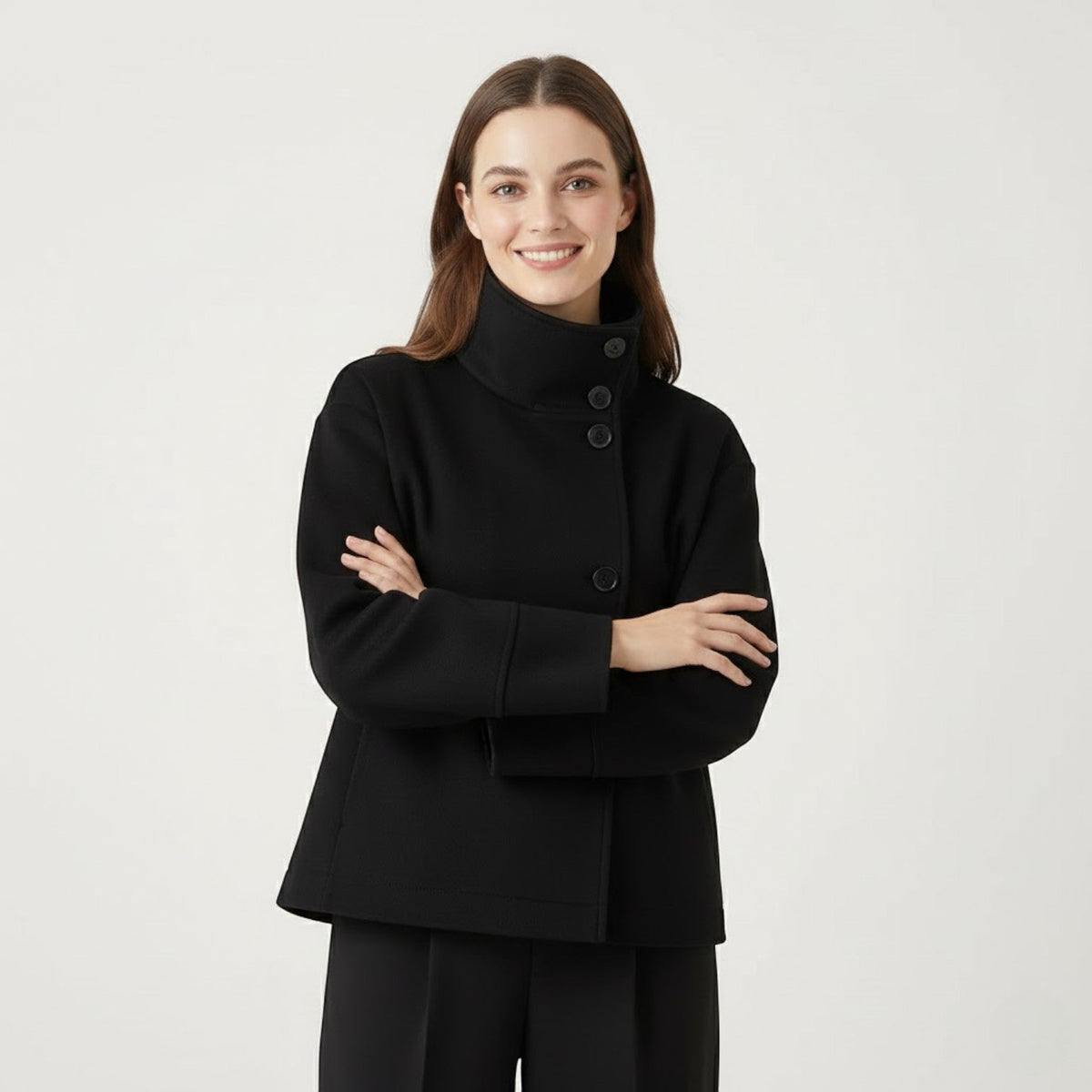 Women's Wool Blend Coat – Stand Collar Relaxed Fit