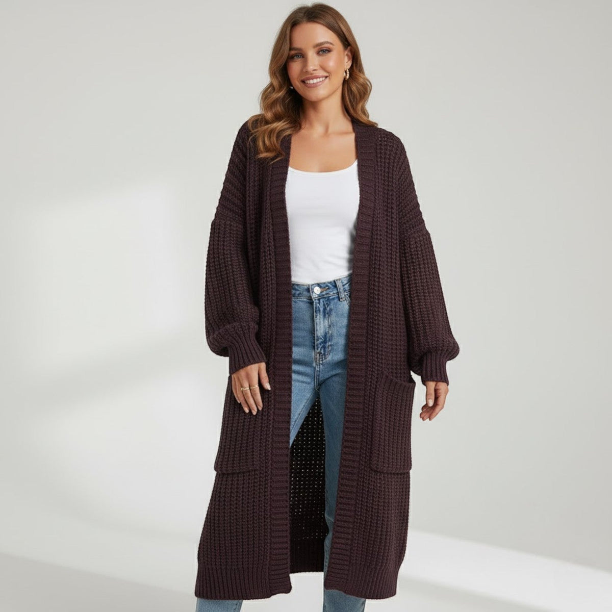 Women's Longline Knitted Cardigan – Open Front Mid Calf
