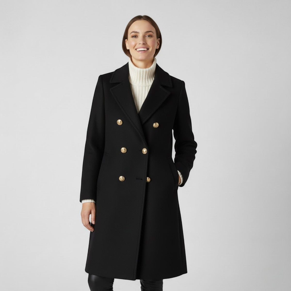 Women's Long Tweed Coat – Double Breasted with Buckle