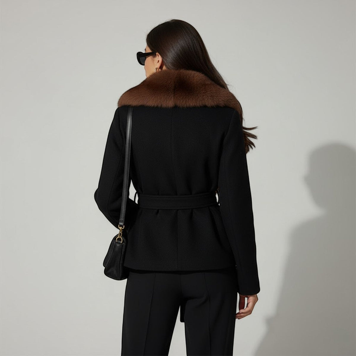 Women's Belted Winter Coat – Faux Fur Collar, Fitted Waist